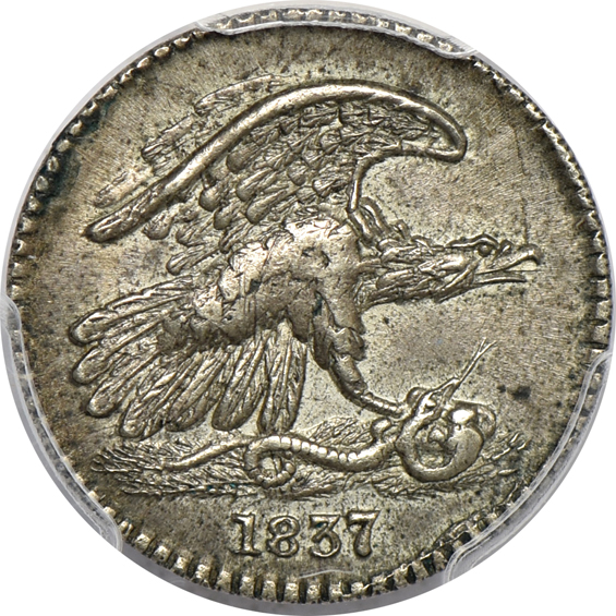 1788 Massachusetts cent VF-20, 1837 Feuchtwanger cents AU-55 and MS-62, and an 1875-CC Trade dollar VF/cleaned, all PCGS