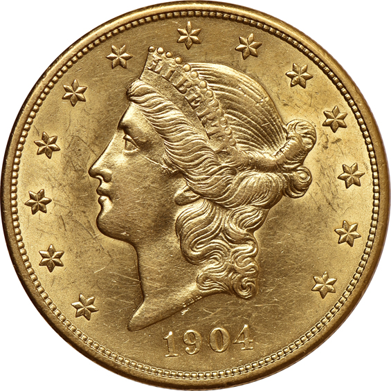 Thirteen gold dollars, plus a 1904 Liberty double-eagle