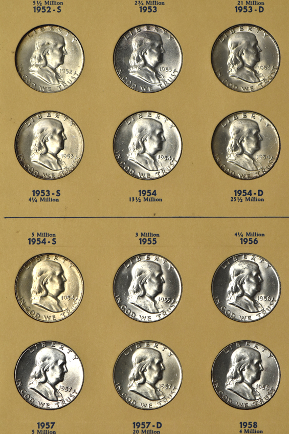 Complete collection of Franklin half-dollars in a Library of Coins album
