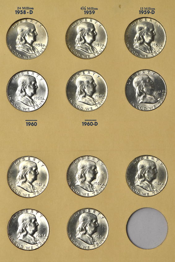 Complete collection of Franklin half-dollars in a Library of Coins album
