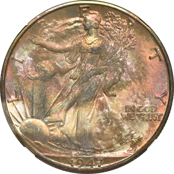 Seven toned Walking Liberty half-dollars certified MS-64 by NGC