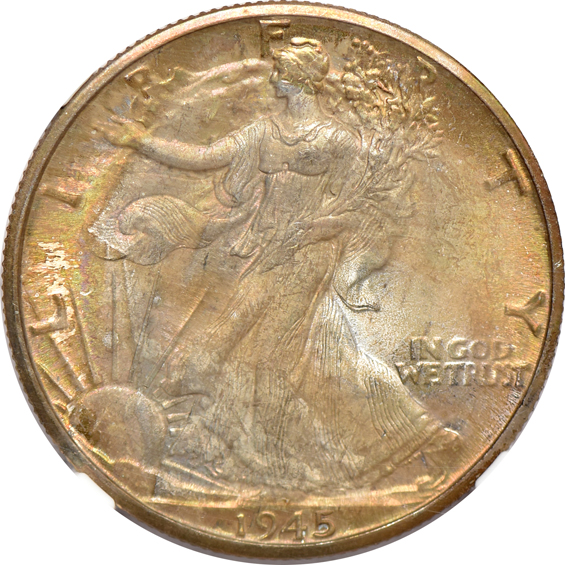 Seven toned Walking Liberty half-dollars certified MS-64 by NGC
