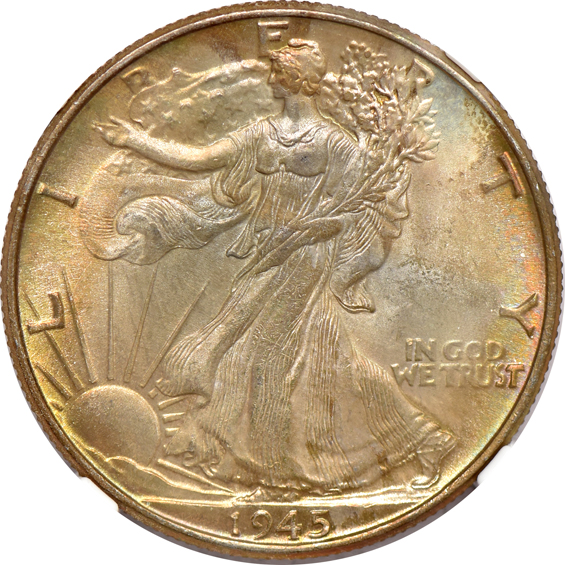 Seven toned Walking Liberty half-dollars certified MS-64 by NGC