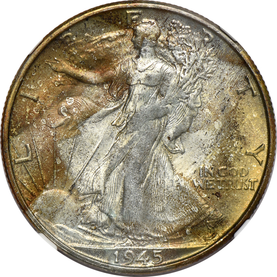 Seven toned Walking Liberty half-dollars certified MS-64 by NGC