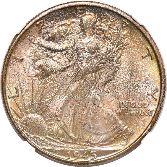 Seven toned Walking Liberty half-dollars certified MS-64 by NGC