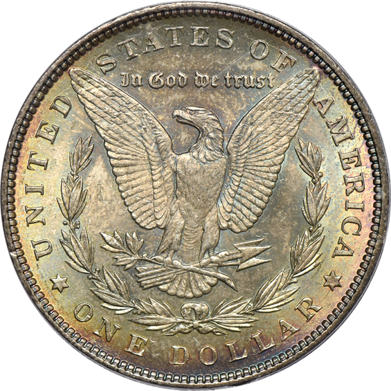 Four colorful Morgan silver dollars certified by PCGS