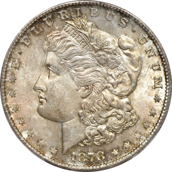 Four colorful Morgan silver dollars certified by PCGS