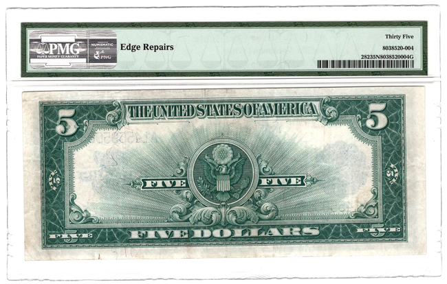 1923 $5 Porthole Fr# 282 - PMG VF-35/edge repairs