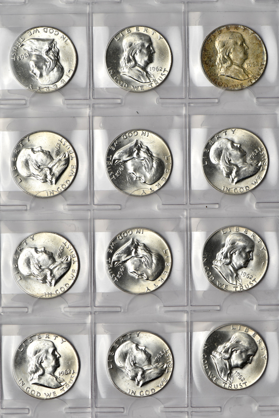 Two hundred twenty BU Franklin half-dollars