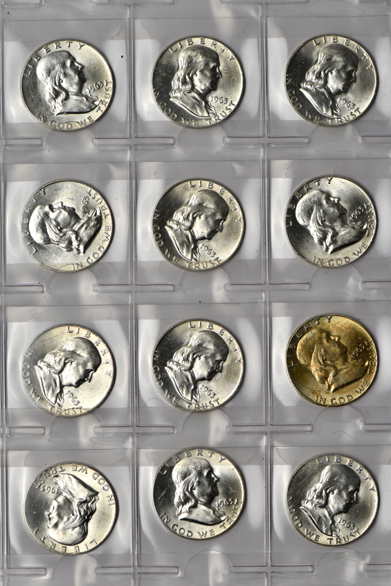Two hundred twenty BU Franklin half-dollars