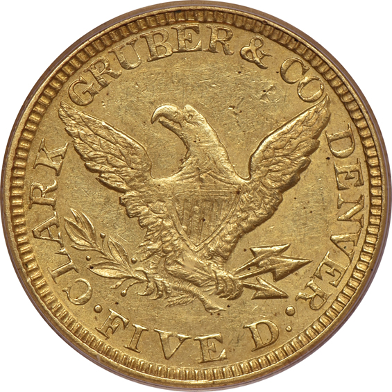 1861 $5 Clark Gruber PCGS AU-53