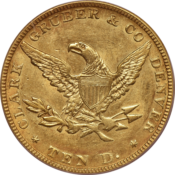 1861 $10 Clark Gruber PCGS AU-58