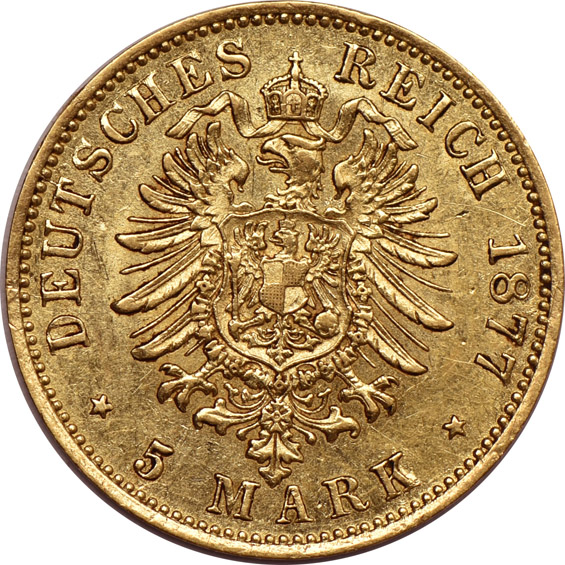 Germany - 1877-H Hesse-Darmstadt 5 mark Ty 2. KM 357 - AU