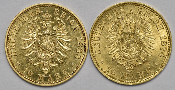 Germany - Six gold 10 mark coins, as described