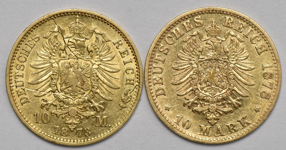 Germany - Six gold 10 mark coins, as described