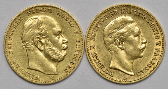 Germany - Six gold 10 mark coins, as described