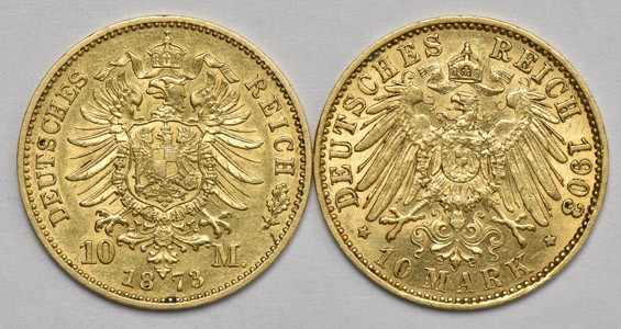 Germany - Six gold 10 mark coins, as described