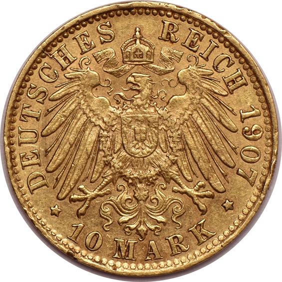 Germany - 1907-J 10 mark, AU detail/rim ticks