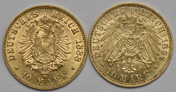 Multiple - Two 10 mark coins, a 1910 London half sovereign, and an 1898 5 rouble