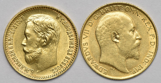 Multiple - Two 10 mark coins, a 1910 London half sovereign, and an 1898 5 rouble