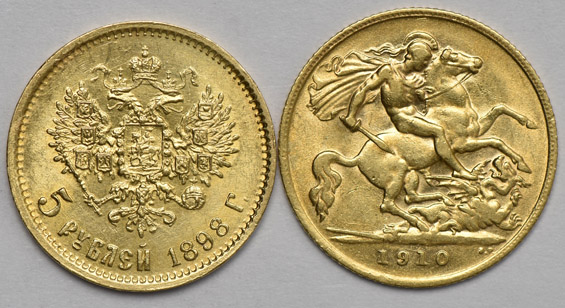 Multiple - Two 10 mark coins, a 1910 London half sovereign, and an 1898 5 rouble