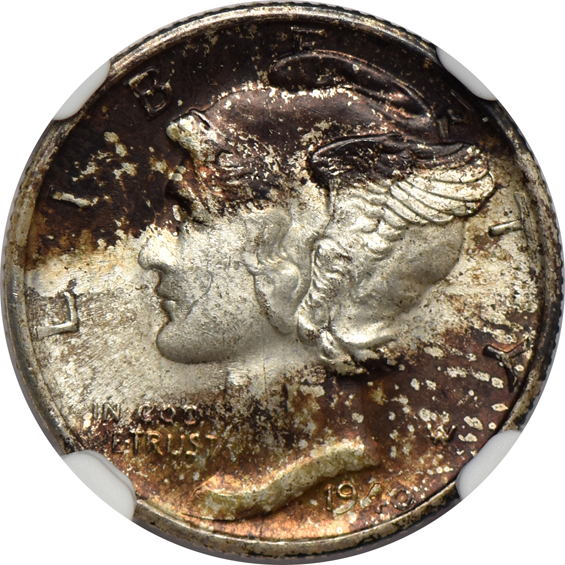 Six toned Mercury dimes and three toned Walking Liberty half-dollars certified by NGC