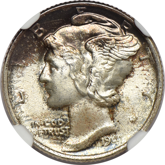 Six toned Mercury dimes and three toned Walking Liberty half-dollars certified by NGC