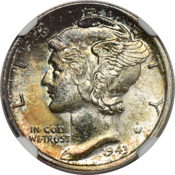 Six toned Mercury dimes and three toned Walking Liberty half-dollars certified by NGC