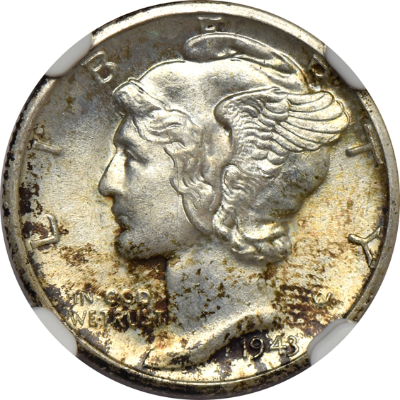 Six toned Mercury dimes and three toned Walking Liberty half-dollars certified by NGC