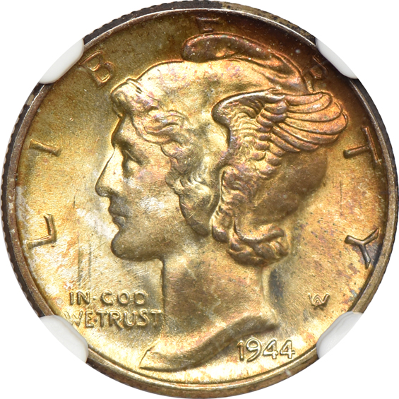 Six toned Mercury dimes and three toned Walking Liberty half-dollars certified by NGC