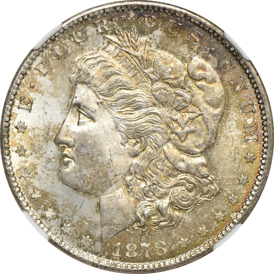 Fourteen toned Morgan silver dollars certified MS-64 by NGC