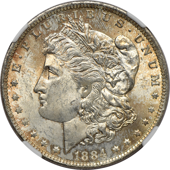 Eleven toned Morgan dollars, plus two toned Peace dollars, all thirteen NGC MS-63