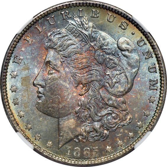 Eleven toned Morgan dollars, plus two toned Peace dollars, all thirteen NGC MS-63