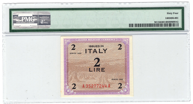 Error - Allied Military Currency, Italy 2 lire, Double Print Error, PMG ChCu-64