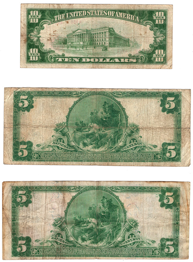 Two large size 1902 $5 Blue Seal National Bank Notes, plus a small size Type 2, all Fine