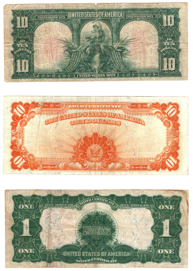 1907 $10 Gold Certificate, 1901 Bison, and an 1899 Black Eagle, all VF
