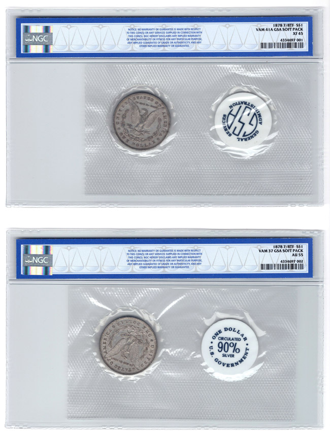 Two 1878 7/8TF GSA Soft Pack, VAM 37 AU-55 and VAM41A XF-45, both NGC