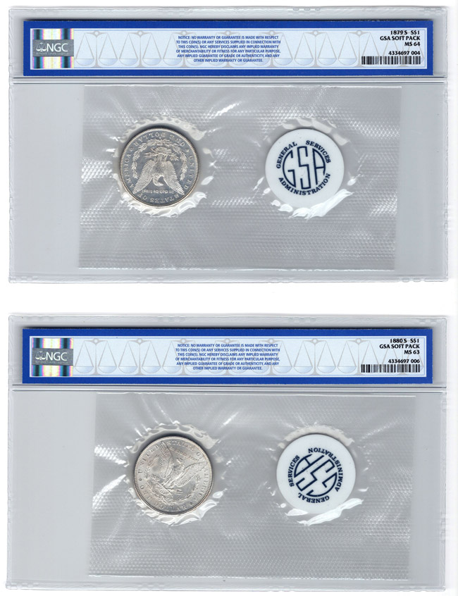 1879-S GSA Soft Pack MS-64, and an 1880-S GSA Soft Pack MS-63, both NGC