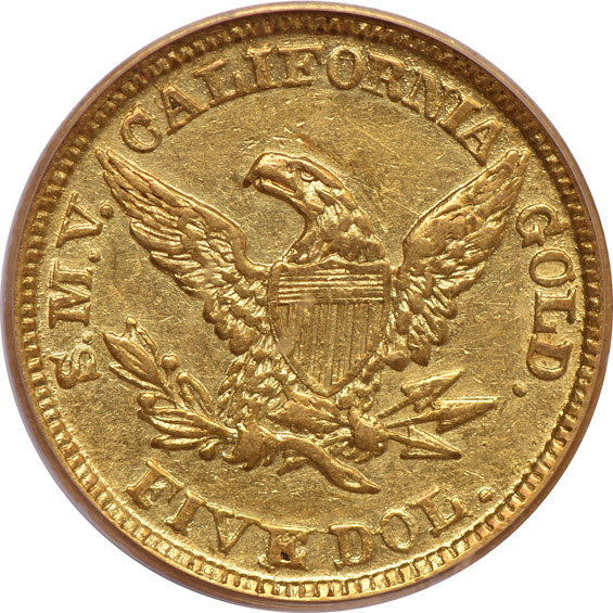 1849 $5 Moffat PCGS AU-53