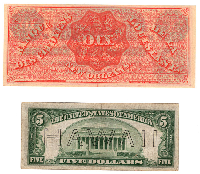 1934 $5 Hawaii - VF, plus a $10 "Dix" Obsolete note