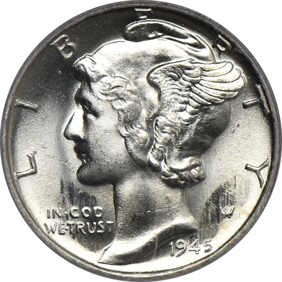 1939 Walking Liberty half-dollar MS-64, and a 1945 Mercury dime MS-66 CAC, both PCGS
