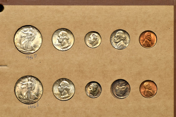 1945 through 1948 Mint State coins in a Wayte Raymond album.