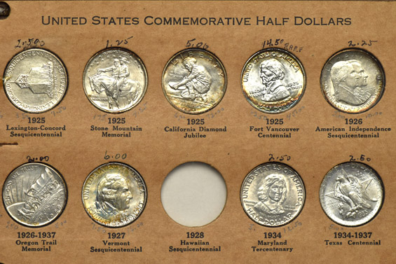 Nearly complete collection of silver commemorative half-dollars in a Wayte Raymond album