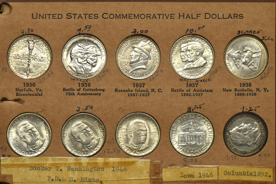 Nearly complete collection of silver commemorative half-dollars in a Wayte Raymond album