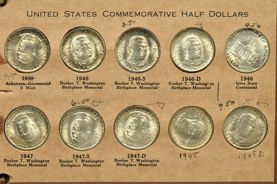Nearly complete collection of silver commemorative half-dollars in a Wayte Raymond album