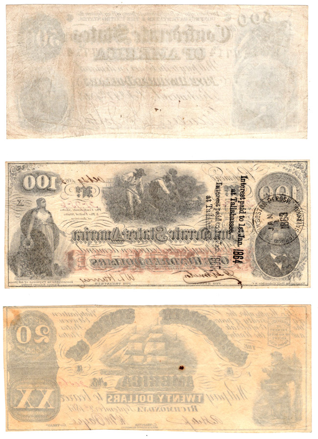 Group of three Confederate notes