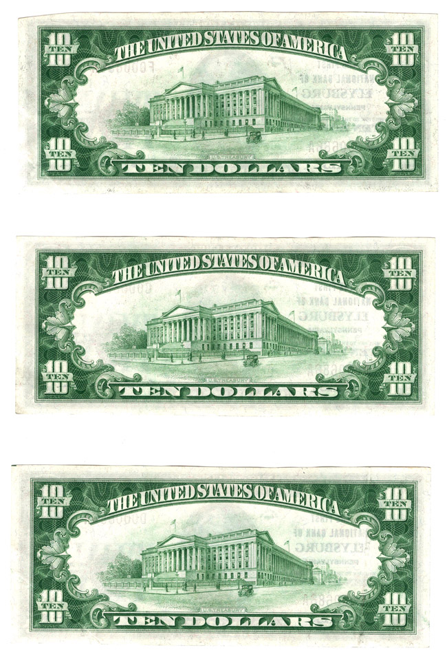 Three 1929 $10 Type 1 cut from the same sheet - Elysburg, PA Charter #10837 - AU