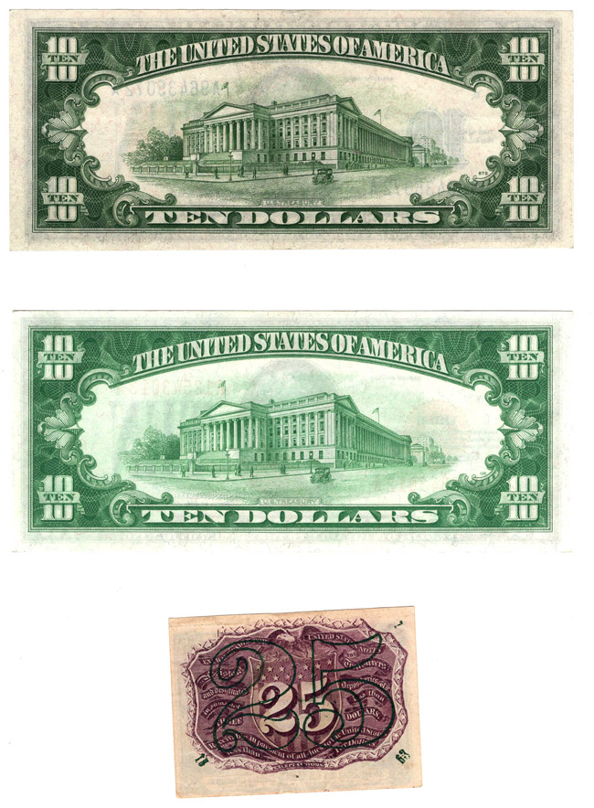 Misc - 1928 $10 Gold Certificate AU, 1934 A $10 N. Africa CU, and a 25-cent fractional