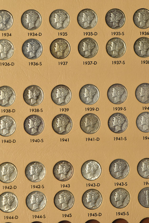 Complete collection of Mercury dimes in a Dansco 7123 album