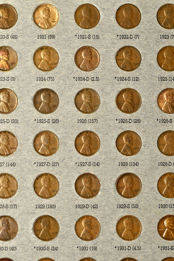 Nearly complete collection of Wheat cents in an old-style Dansco folder